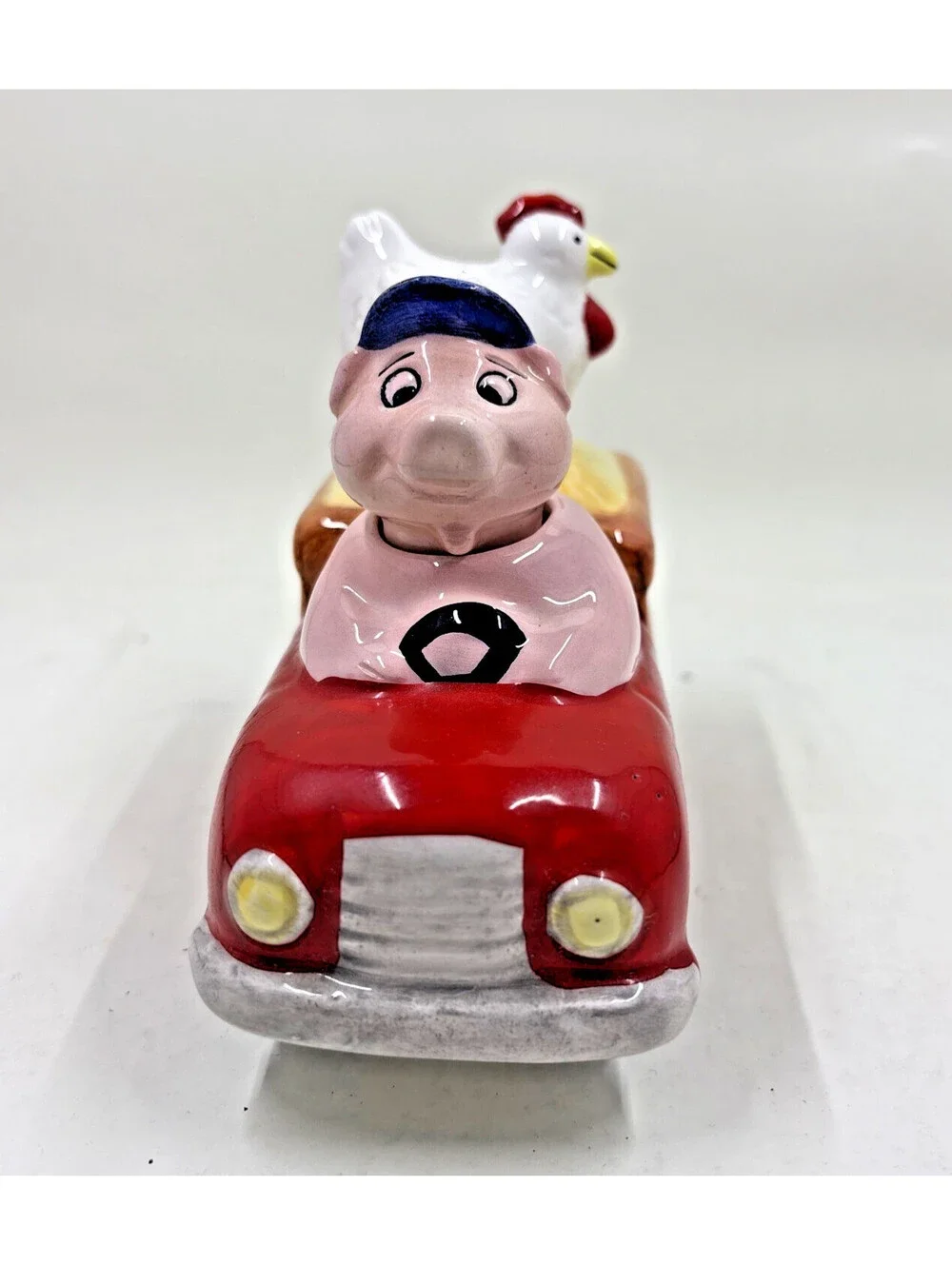 Vintage Clay Art  Pig Driving Truck with Chicken Nodding Shaker Set 1994